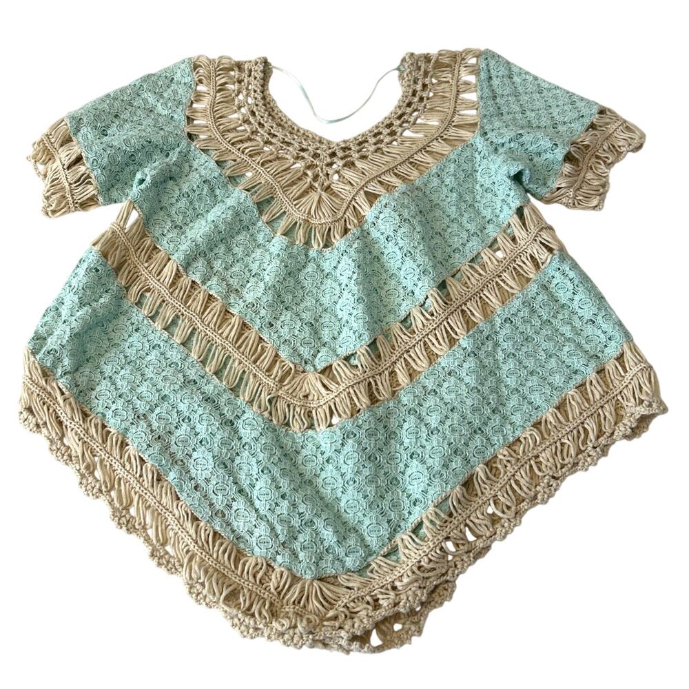 Umgee USA Crochet Lace Top Women's S Tan/Green Short Sleeve Boho Festival